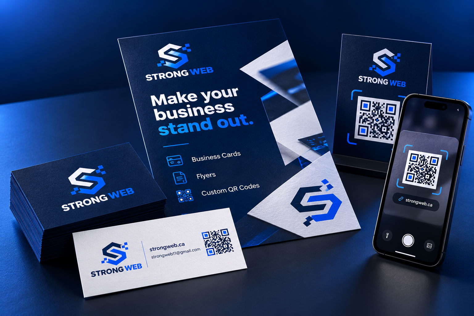 Strong Web business card and flyer concepts with a phone demonstrating QR code scanning