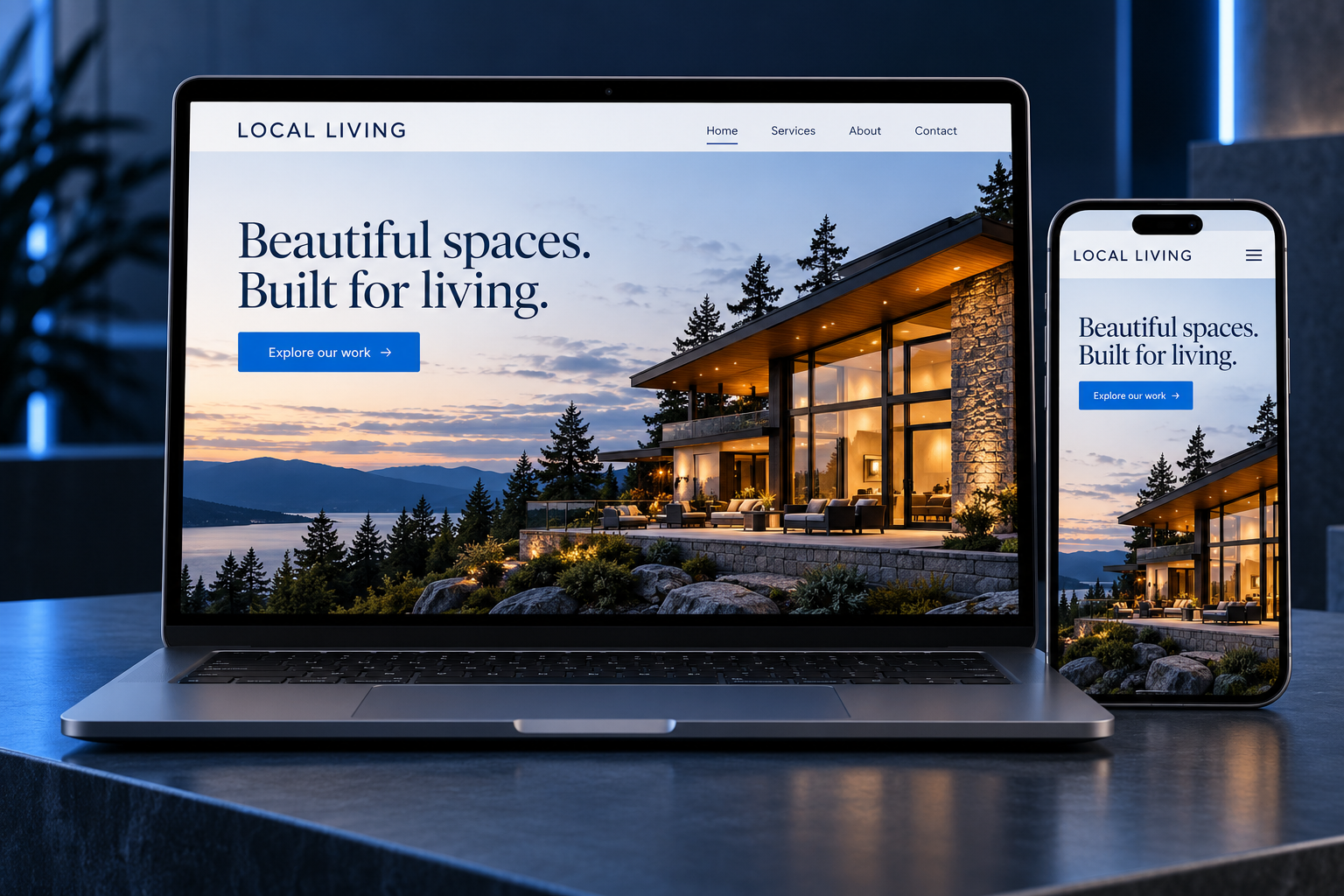 Laptop and phone displaying a modern responsive website concept